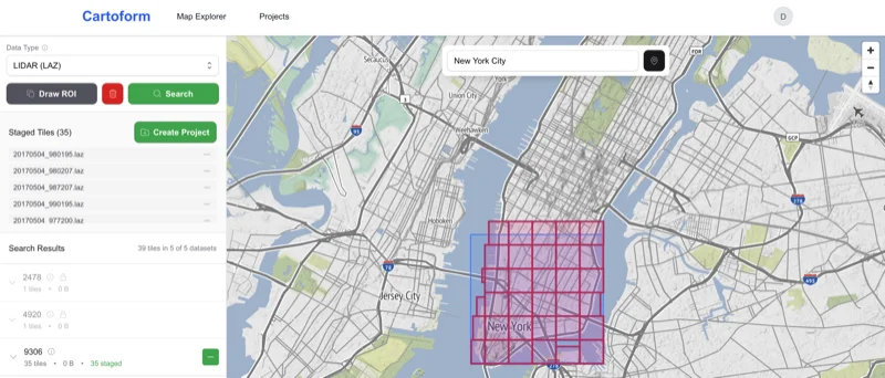 Cartoform map interface with New York City LiDAR tiles selected for processing